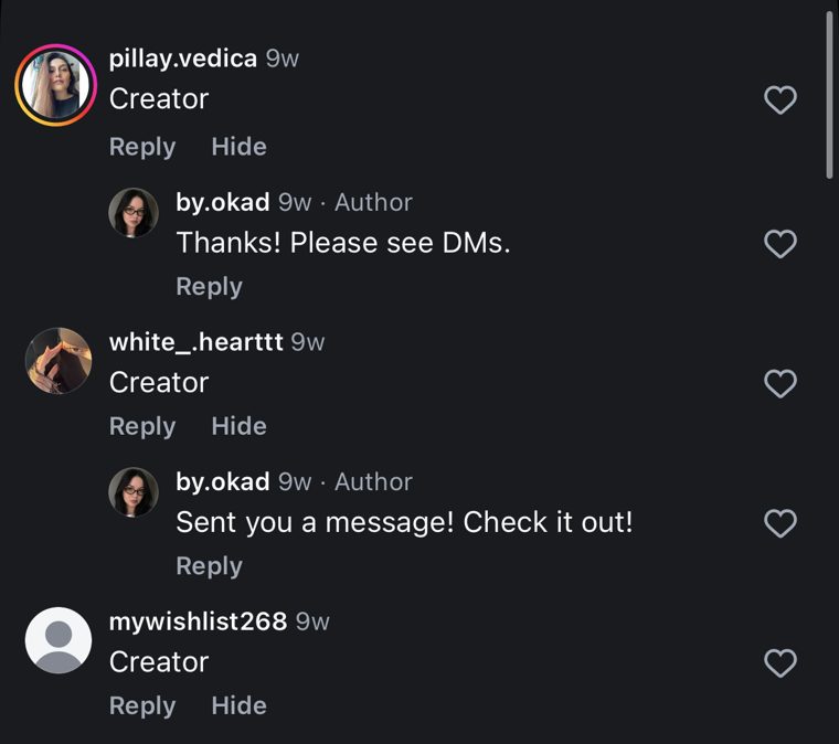Comments saying Creator with automatic replies