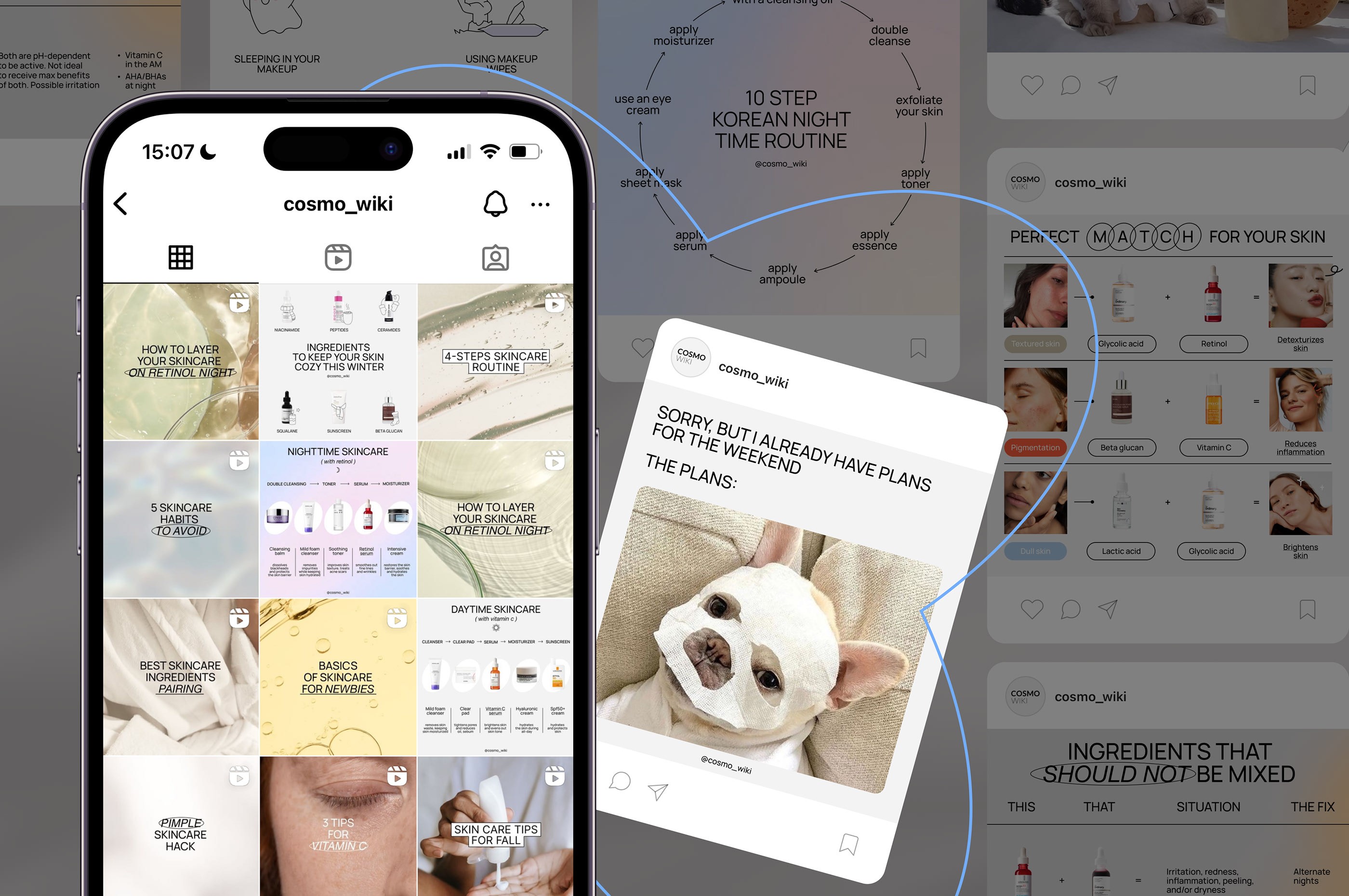 Cosmo.wiki brand identity and Instagram content grid for a cosmetic research platform