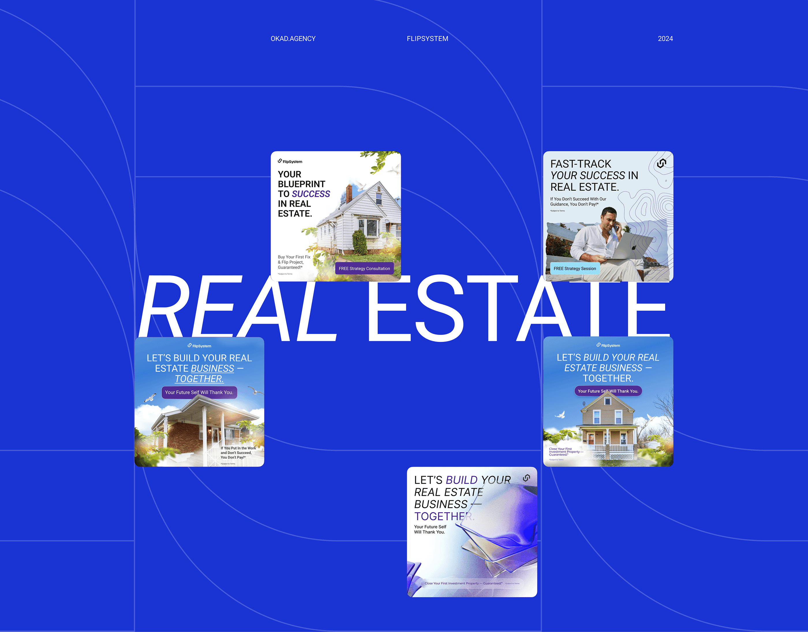 Flip System CRM ad creative designs including static graphics and motion content