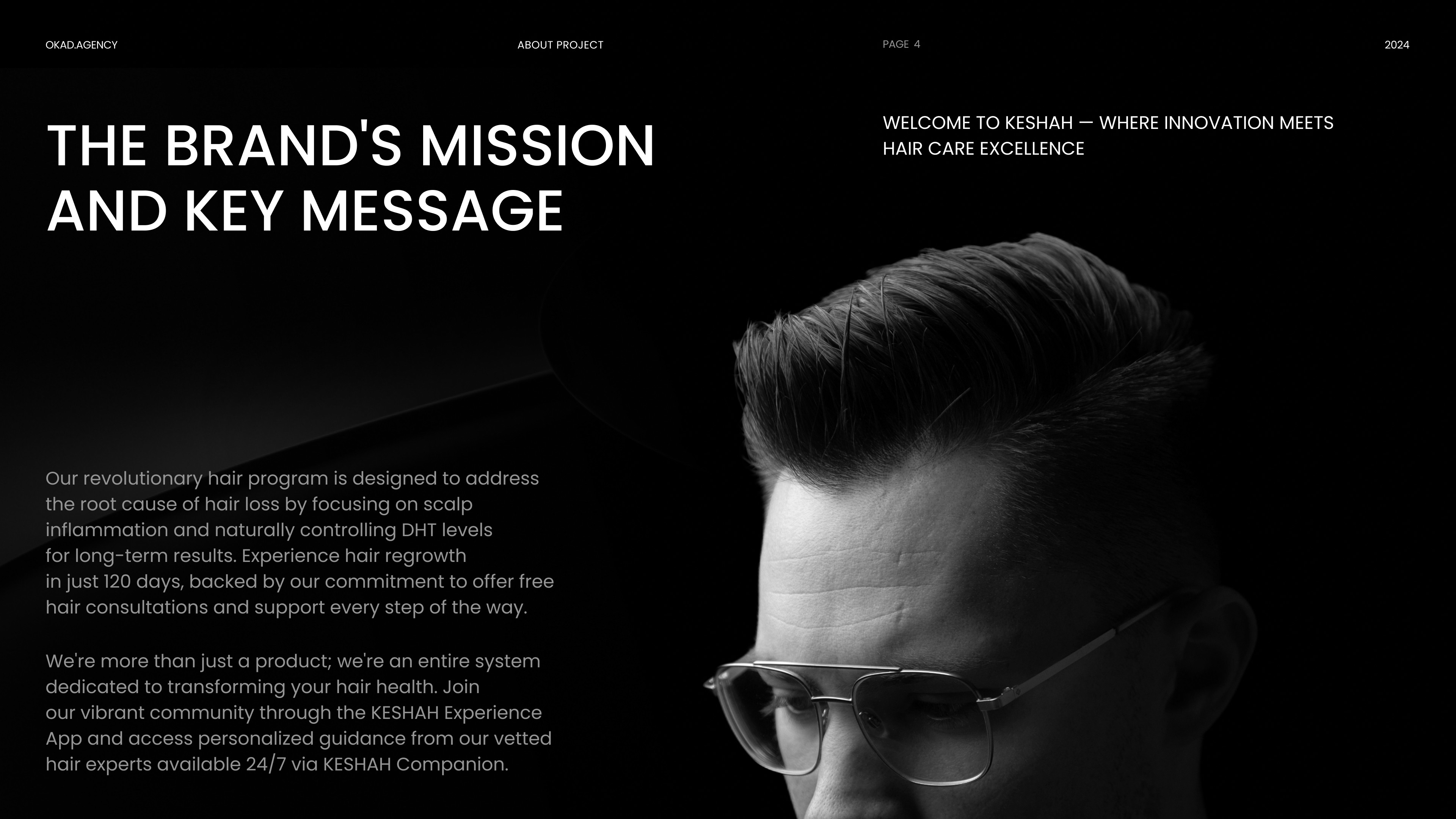 Keshah men's hair restoration brand identity showing product packaging and content strategy materials