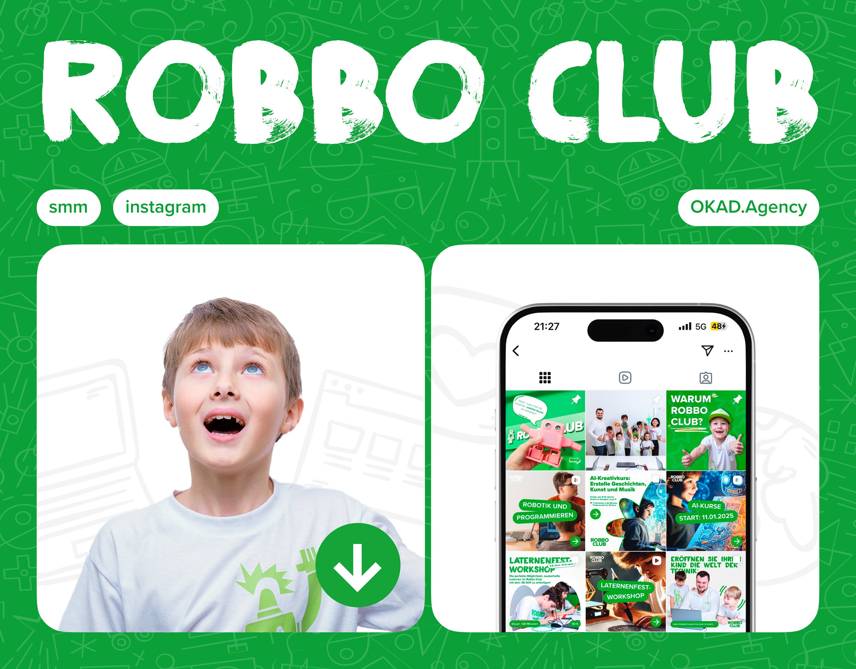 Robbo School Vienna social media marketing campaign showing content for kids' robotics and coding courses