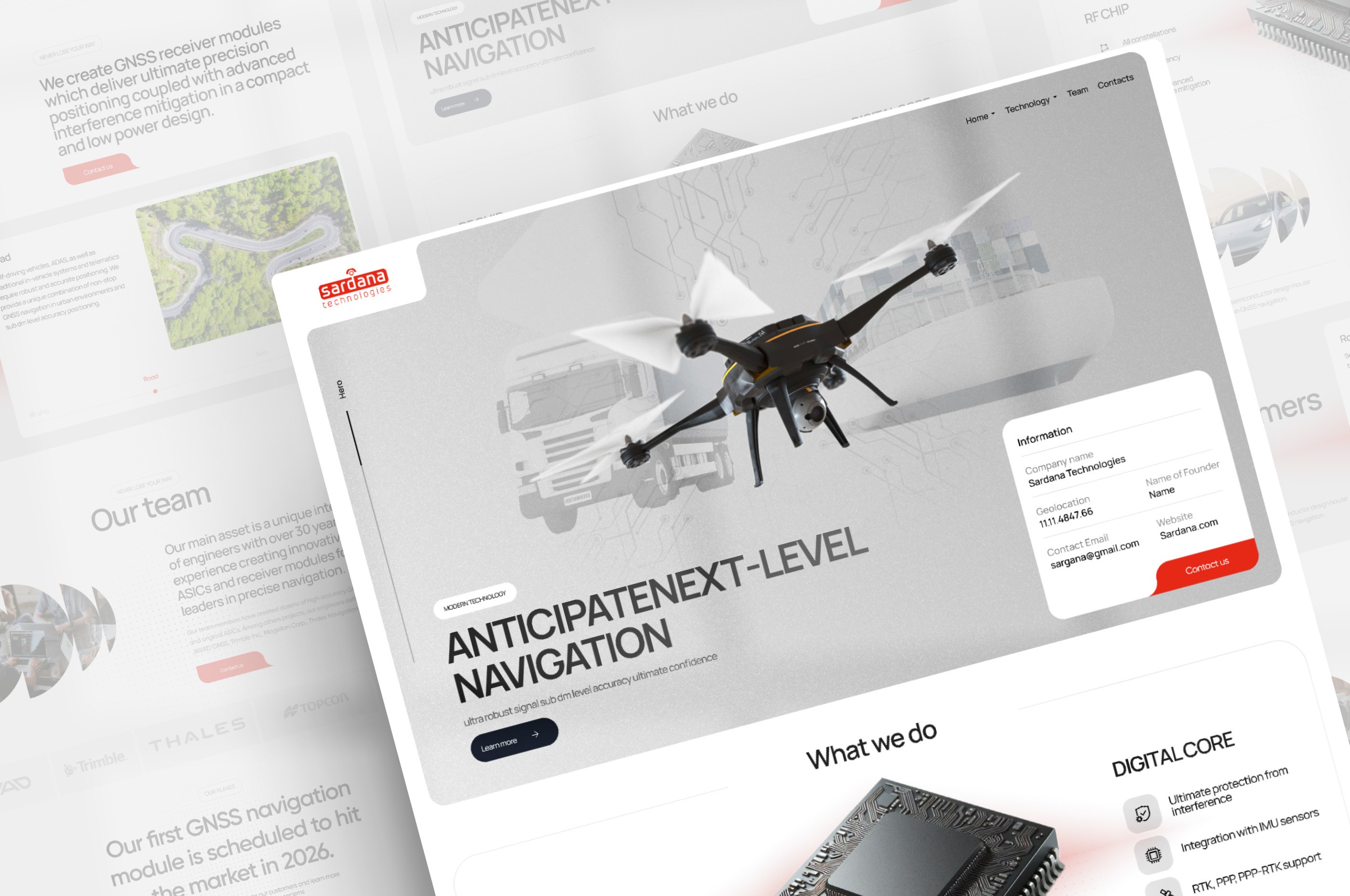 Sardana B2B website design for high-precision navigation sensors with dark-mode UI and AI-generated visuals