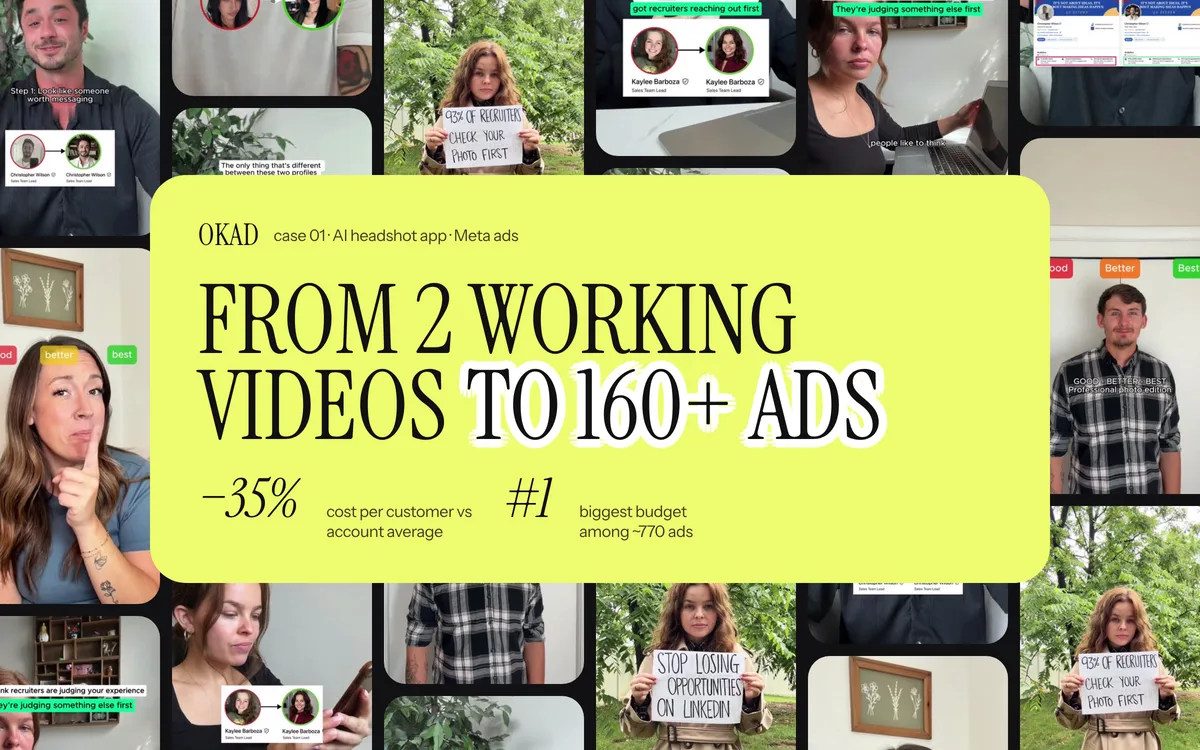 Frames from UGC video ads: selfie next to an AI headshot, LinkedIn profile before and after