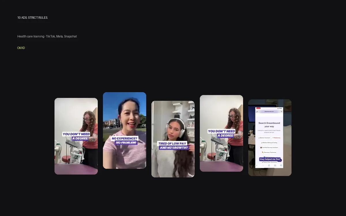 Dreambound — career training ads with strict compliance rules